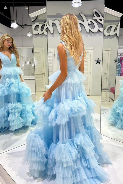 Tulle Ruffle Tiered A-Line V Neck Long Prom Dress