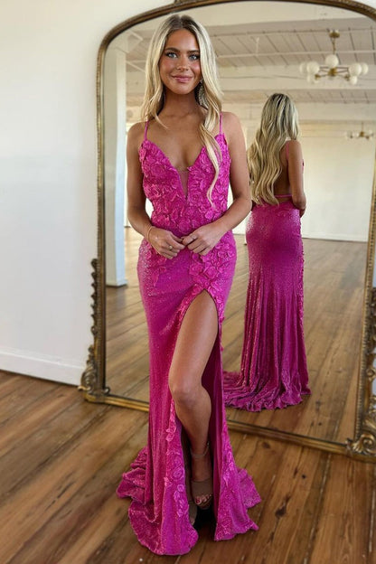 Purple Sequins V Neck Mermaid Long Prom Dress with Slit