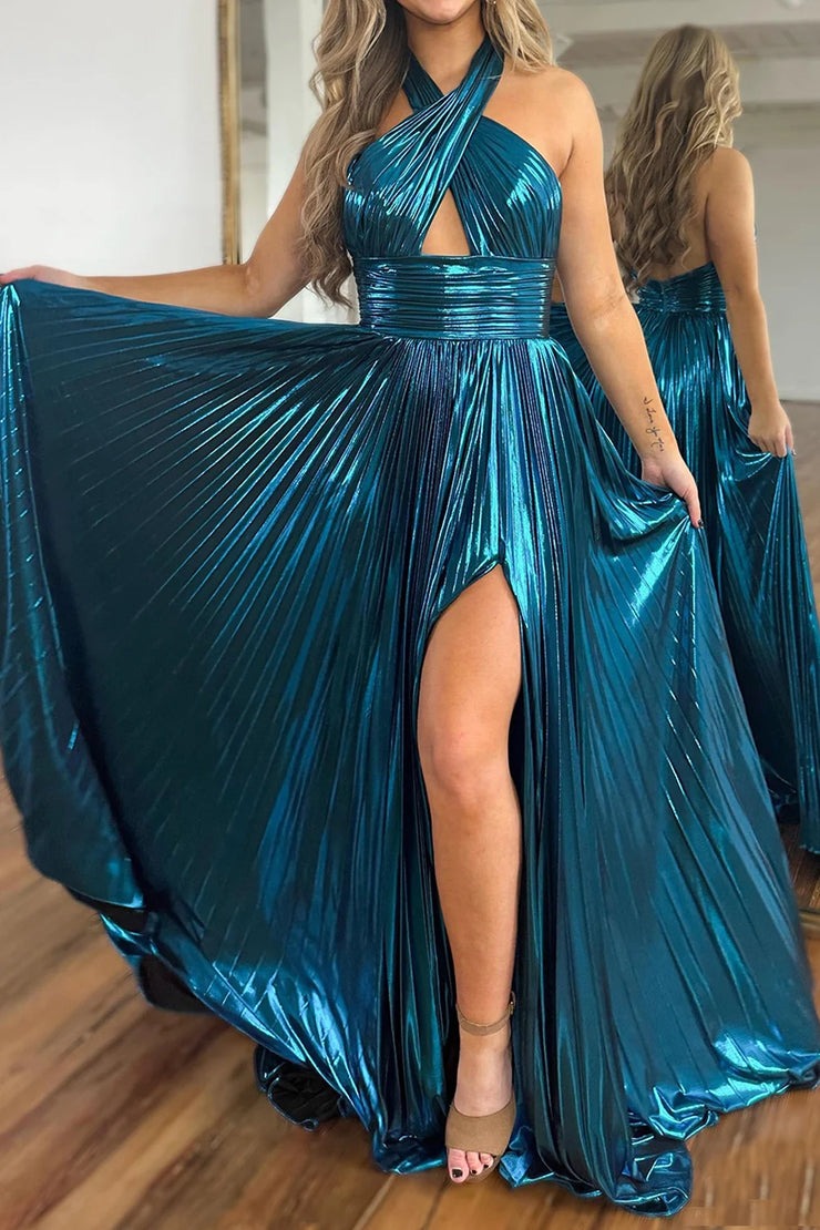 Turquoise Glitter Metallic Halter Cut Out Backless Long Prom Dress with Slit, PD25647