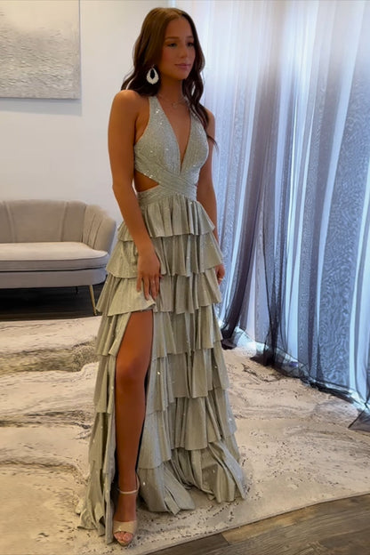 Yellow Halter A - Line Sparkly Ruffle Tiered Long Prom Dress with Slit, PD25805