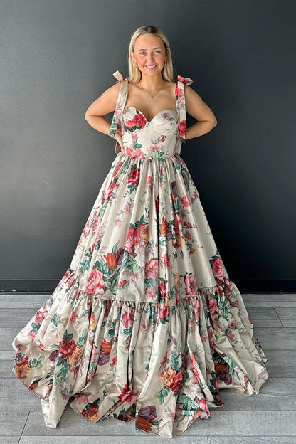 A-Line Sweetheart Floral Printed Long Prom Dresses