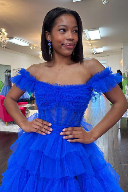 Off the Shoulder Royal Blue Tiered Tulle Long Prom Dress