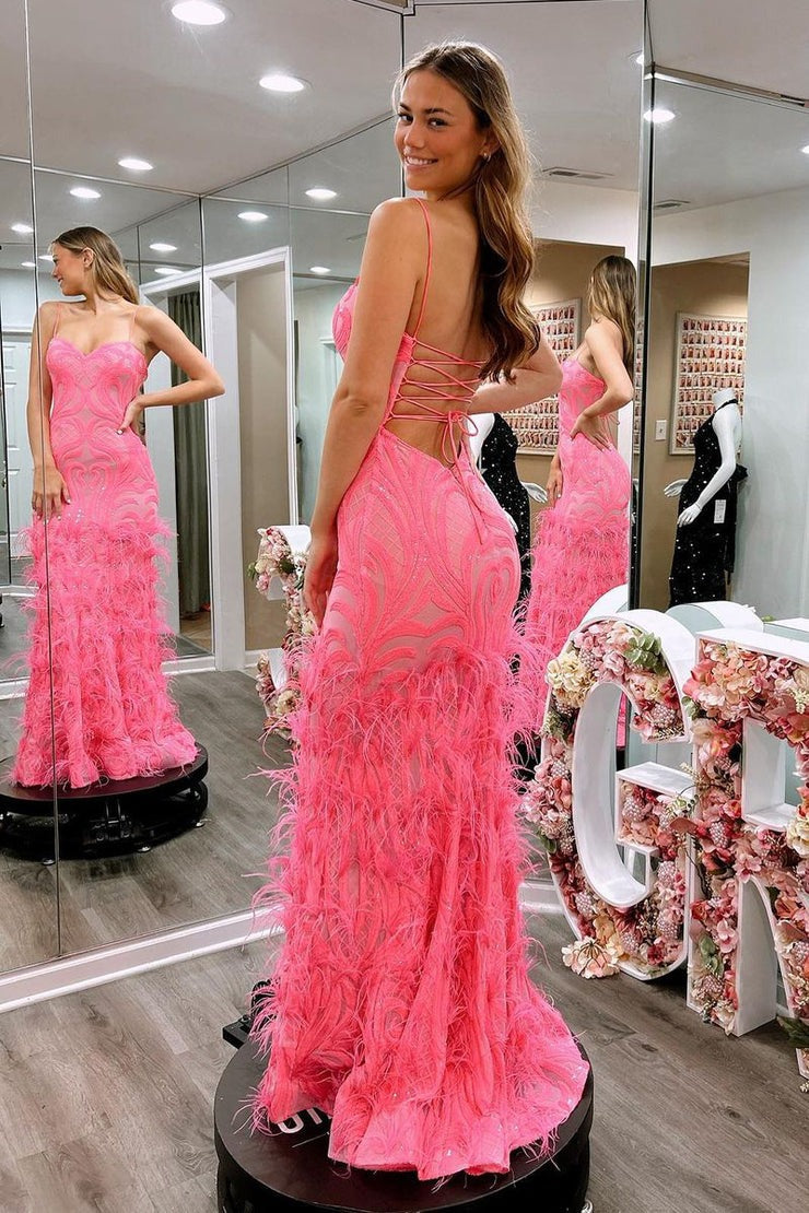 Pink Sequins Lace Sweetheart Long Prom Dresses with Feather