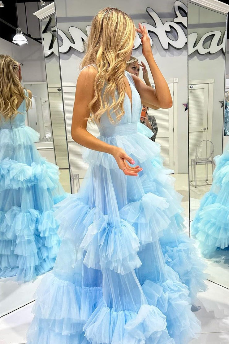 Tulle Ruffle Tiered A-Line V Neck Long Prom Dress