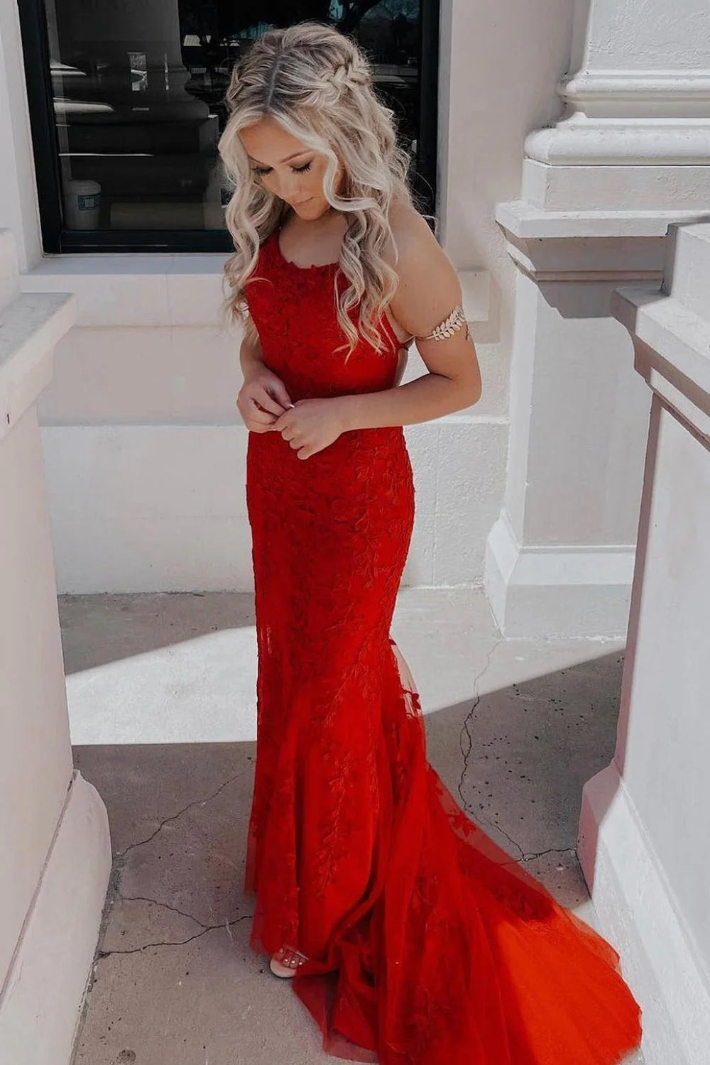 Mint Aqua Scoop Neck Mermaid Lace Long Prom Dress, PD25767