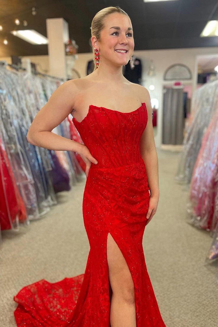 Red Mermaid Strapless Lace Long Prom Dresses with Slit