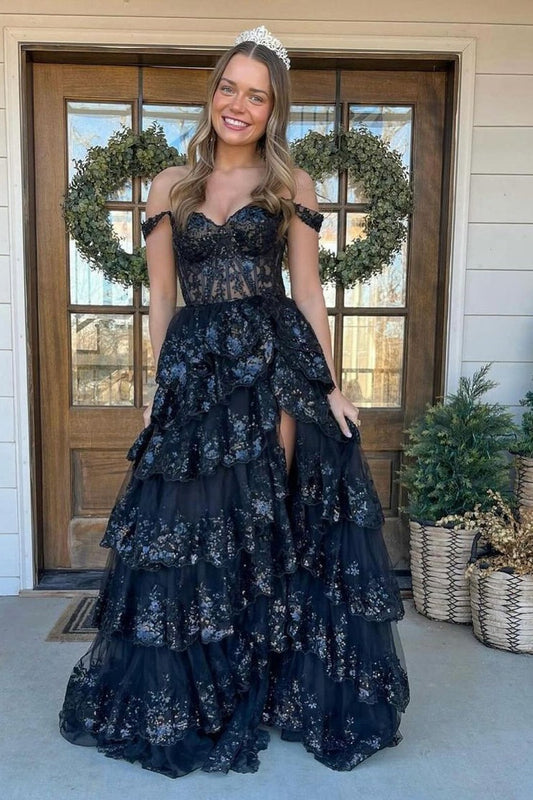 Black Sequin Lace Princess Off the Shoulder Ruffle Tiered Long Prom Dress