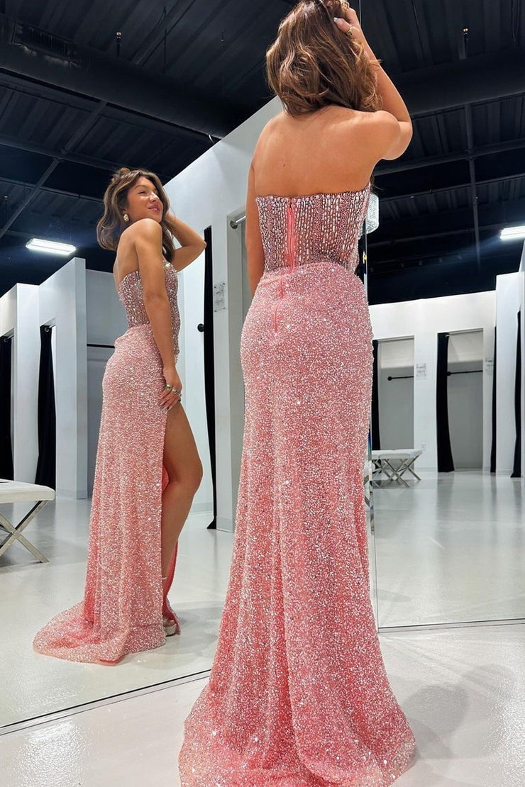 Pink Sequins Strapless Mermaid Long Prom Dress with Beading