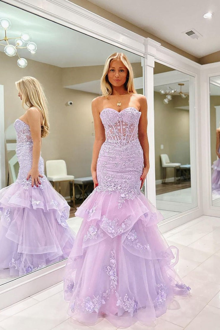 Tulle Mermaid Sweetheart Charming Long Prom Dresses with Appliques, PD25488