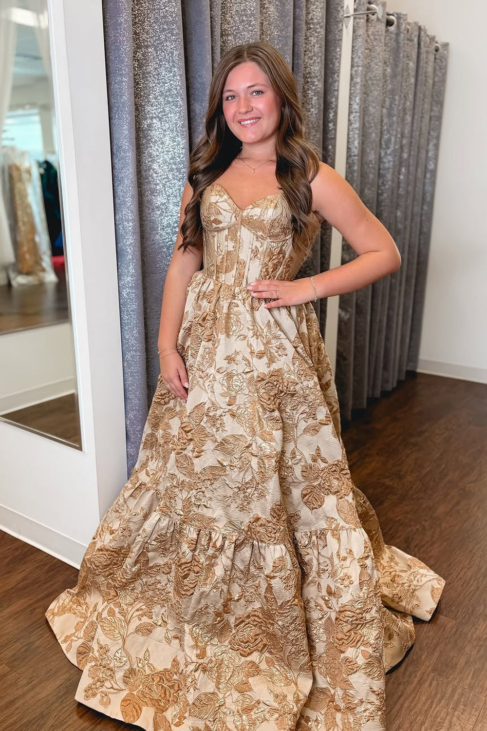 Gold Strapless Jacquard Satin Long Ball Gown Prom Dress, PD25739