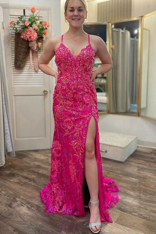 Fuchsia Sequins Lace Mermaid V Neck Long Prom Dress with Slit