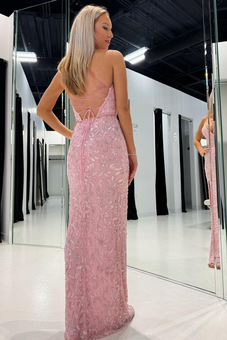 Pink Mermaid V Neck Sequins Appliques Long Prom Dresses