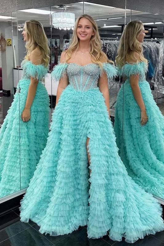 Blue Off the Shoulder Tulle Tiered Long Prom Dresses, PD25718