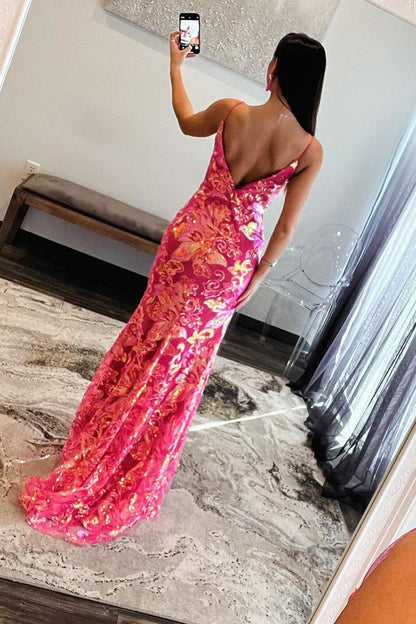 Pink V Neck Sequins Mermaid Long Prom Dress