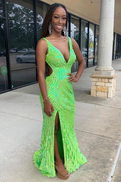 Green V Neck Sequins Mermaid Long Prom Dress with Slit