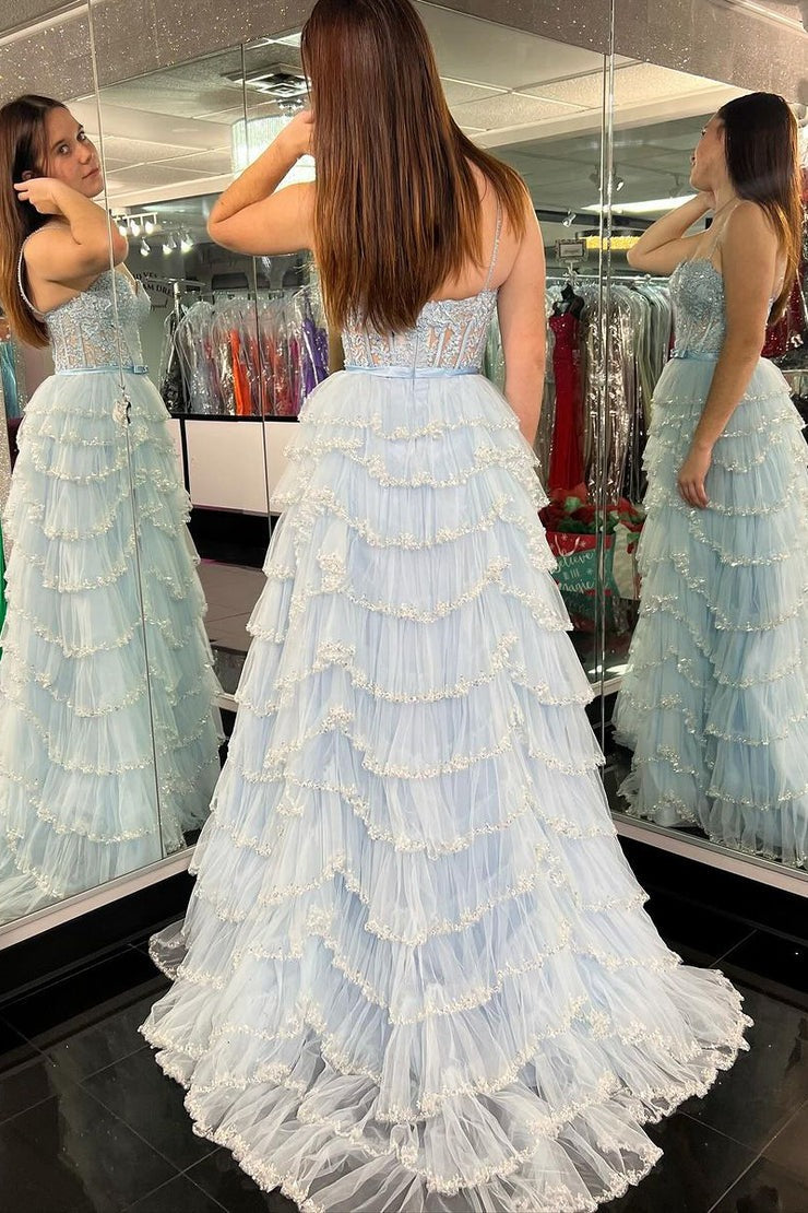 Blue Spaghetti Straps Tiered Tulle A-line Long Prom Dress, PD25699
