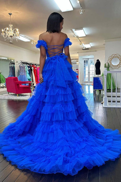 Off the Shoulder Royal Blue Tiered Tulle Long Prom Dress