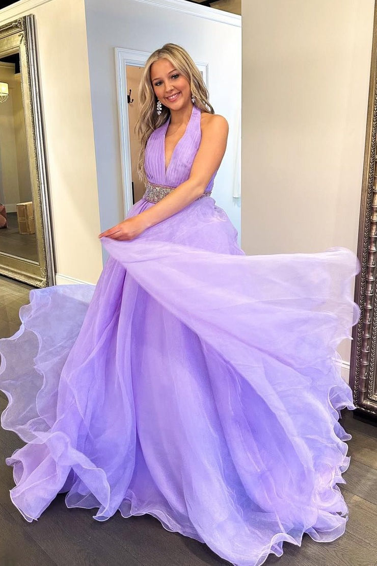 Lilac Organza A-Line Halter Long Prom Dresses with Beadings