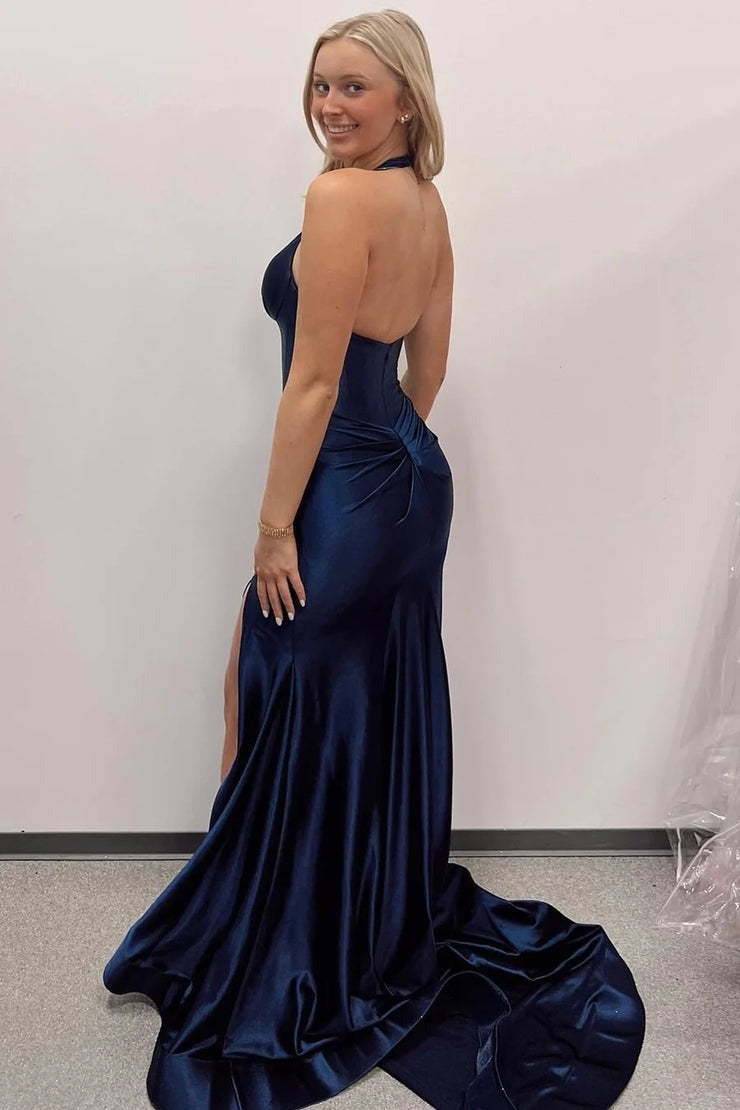 Navy Blue Mermaid Halter Satin Long Prom Dresses