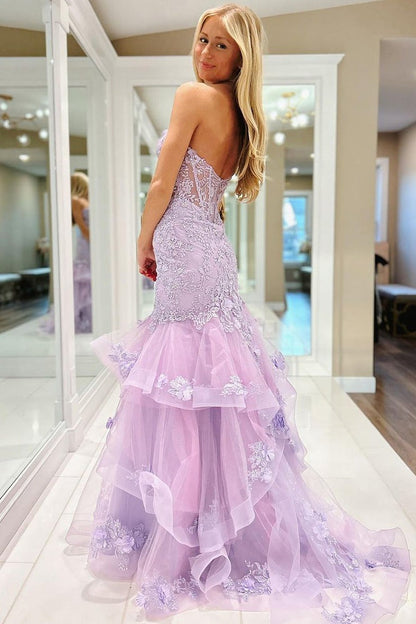 Tulle Mermaid Sweetheart Charming Long Prom Dresses with Appliques