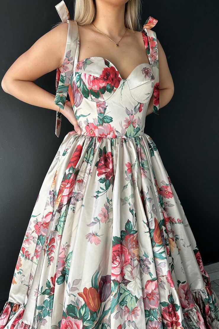 A-Line Sweetheart Floral Printed Long Prom Dresses