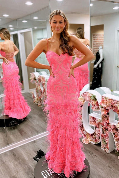 Pink Sequins Lace Sweetheart Long Prom Dresses with Feather