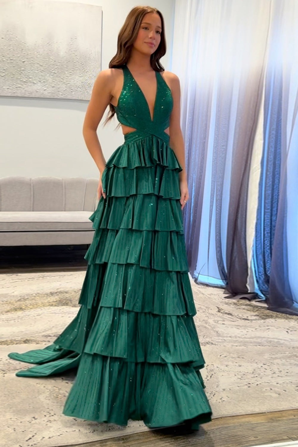 Yellow Halter A - Line Sparkly Ruffle Tiered Long Prom Dress with Slit, PD25805