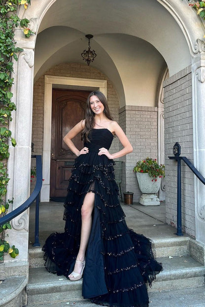 Black Strapless Tiered Tulle Long Prom Dresses, PD25609