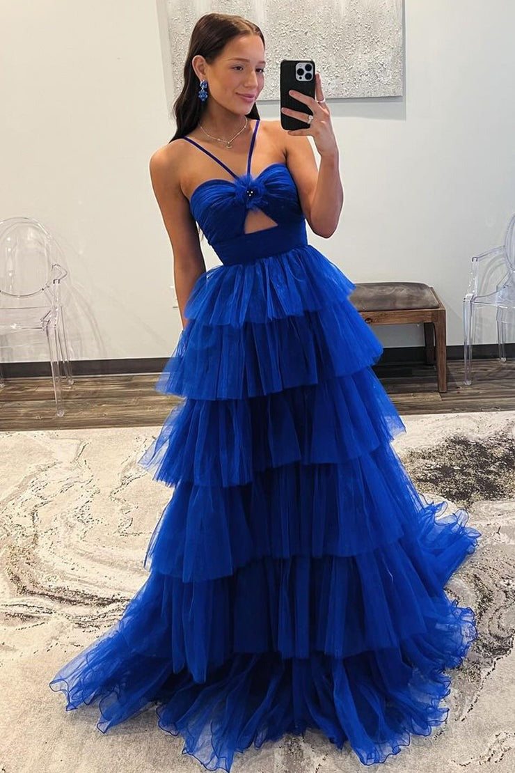 Royal Blue Ruffle Tiered A-Line Keyhole Tulle Long Prom Dresses, PD25399