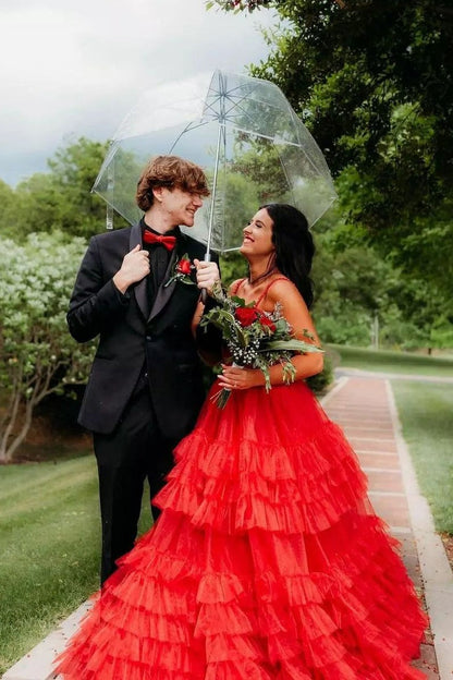 Sweetheart Ball Gown Red Ruffle Tiered Tulle Prom Dress with Beading