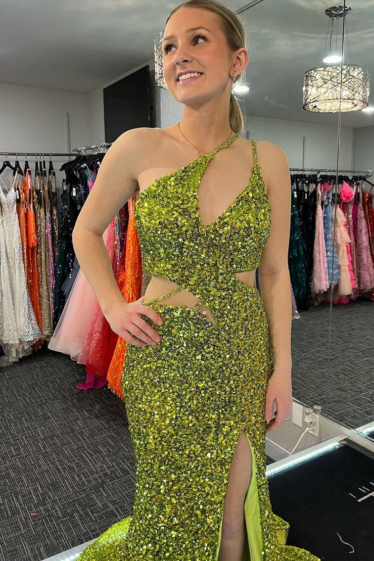 Green Yellow One Shoulder Cutout Sequins Mermaid Long Prom Dress with Slit