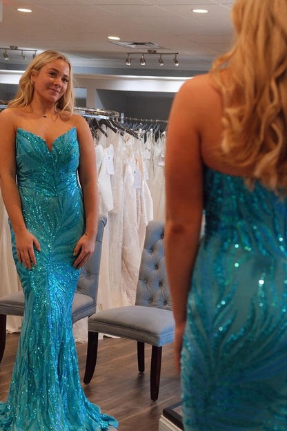 Blue Sequins Appliques Mermaid Strapless Long Prom Dress