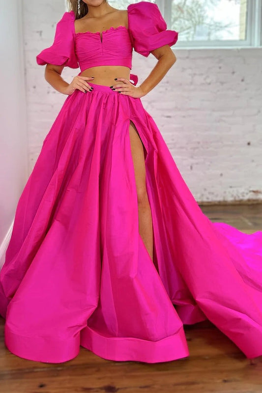 Hot Pink A - Line Long Prom Dress with Short Sleeves and Slit, PD25648