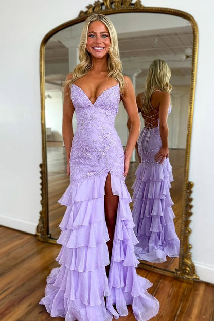 Lavender Chiffon Mermaid V Neck Tiered Cute Prom Dress with Appliques, PD25499