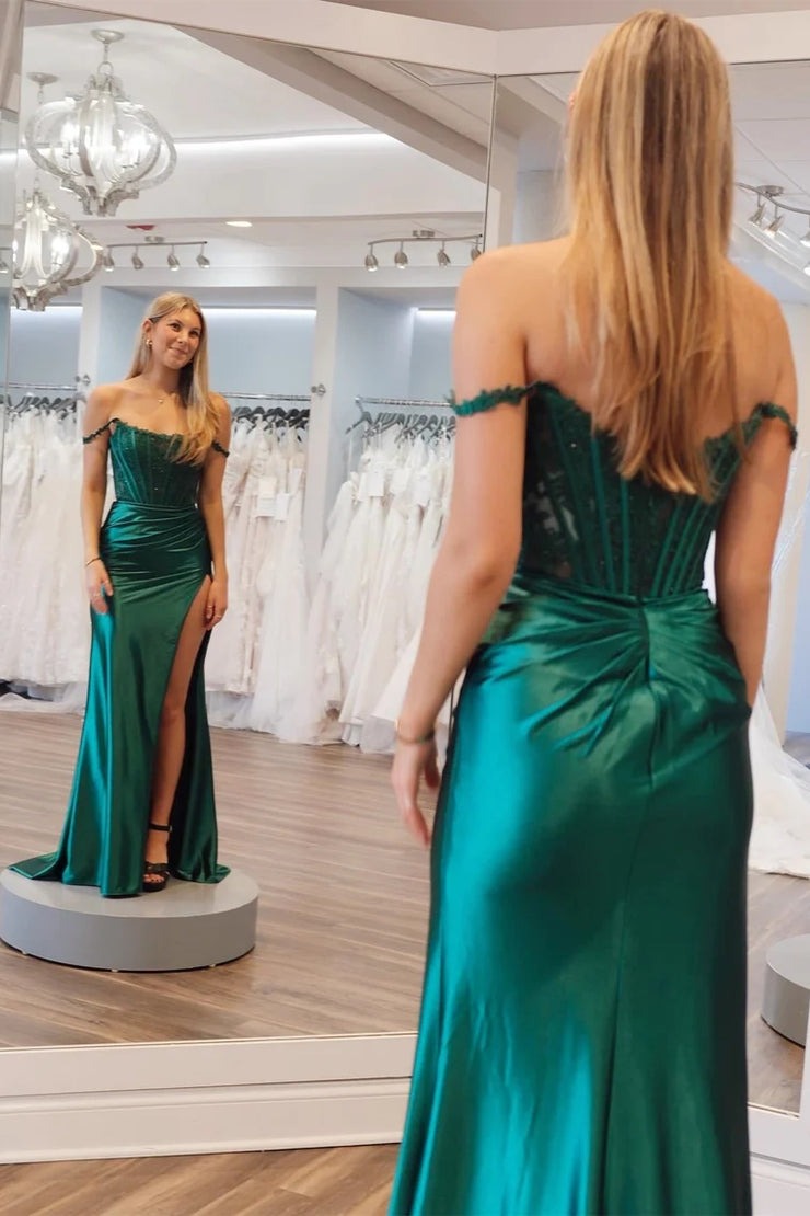 Emerald Mermaid Lace Off - the - Shoulder Long Formal Dress with Slit, PD25640