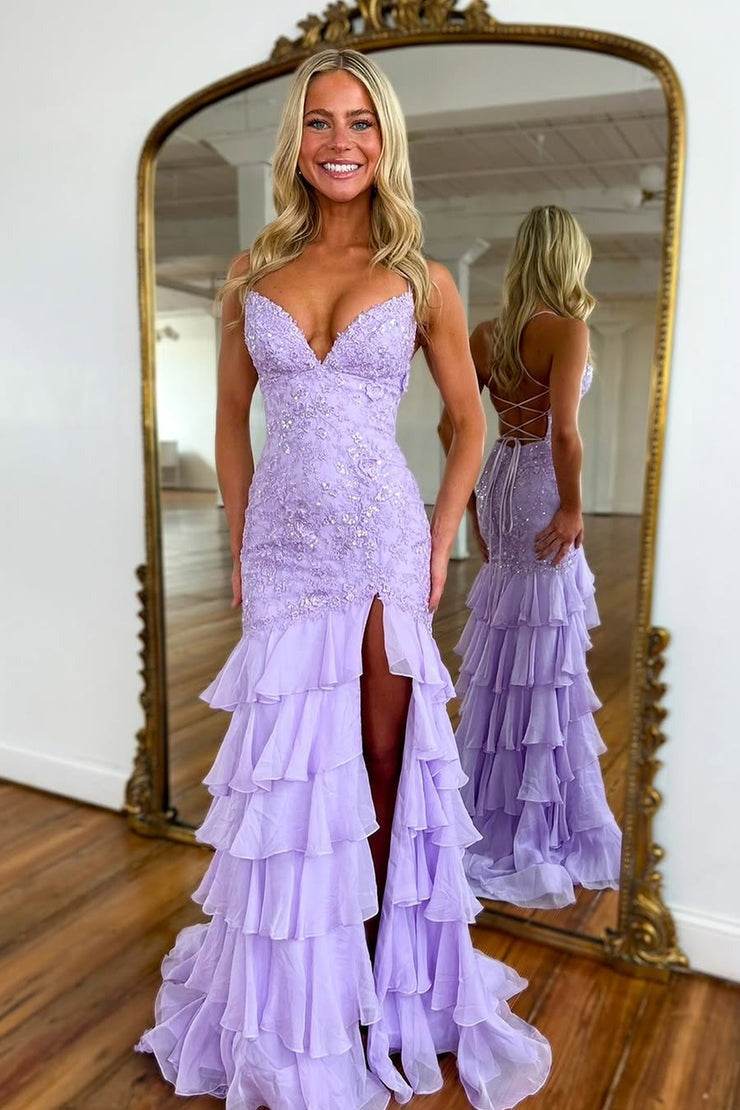 Lavender Chiffon Mermaid V Neck Tiered Cute Prom Dress with Appliques