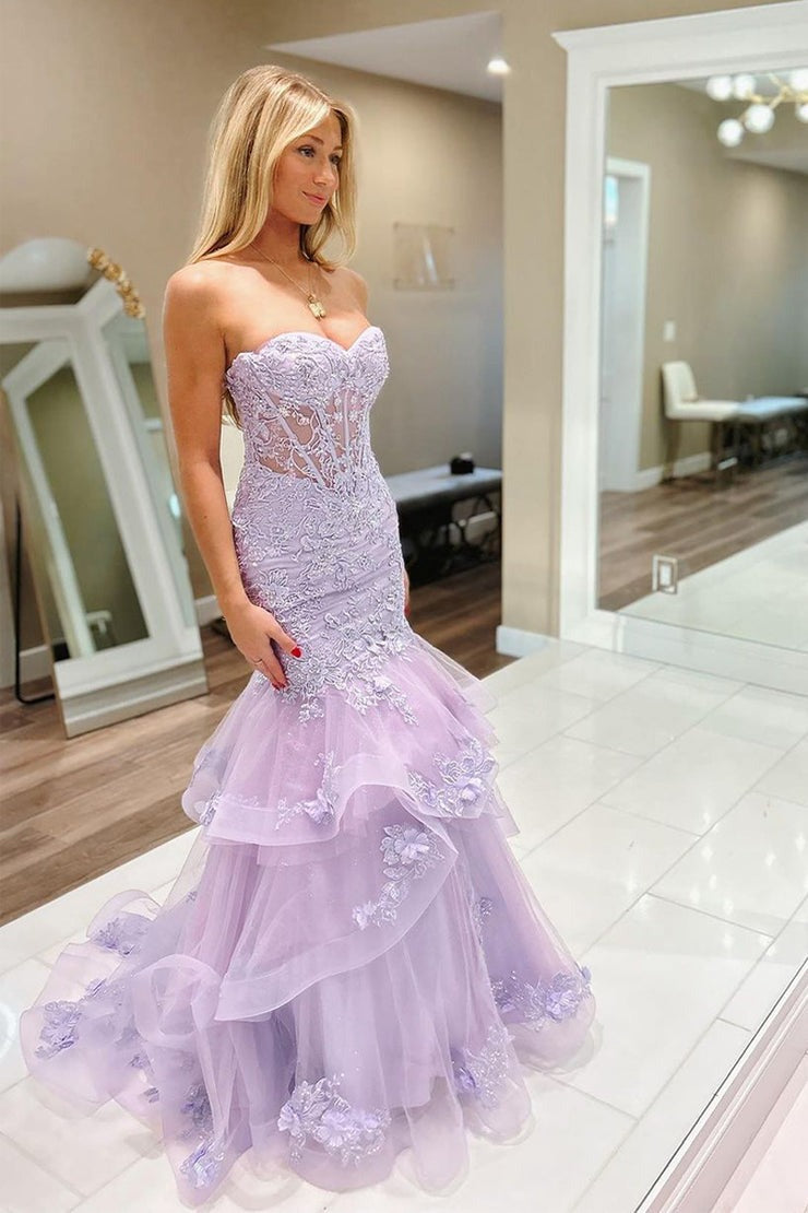 Tulle Mermaid Sweetheart Charming Long Prom Dresses with Appliques