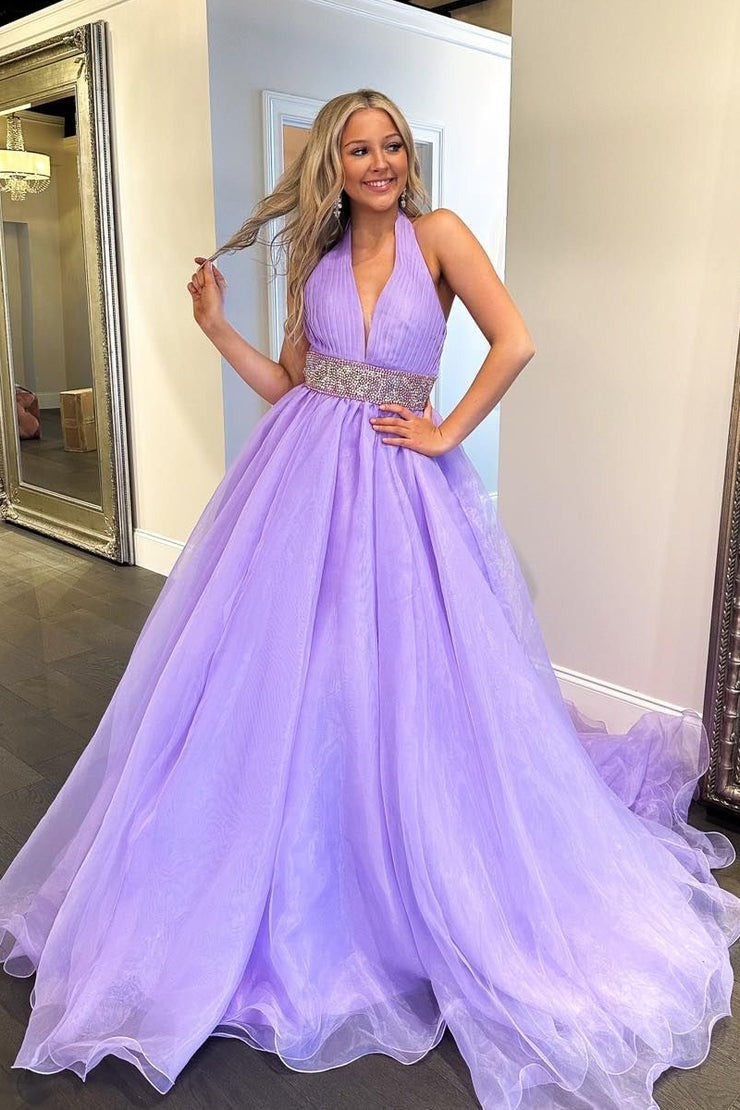 Lilac Organza A-Line Halter Long Prom Dresses with Beadings