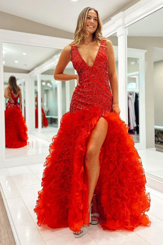 Red Mermaid V Neck Sequins Ruffle Long Prom Dresses