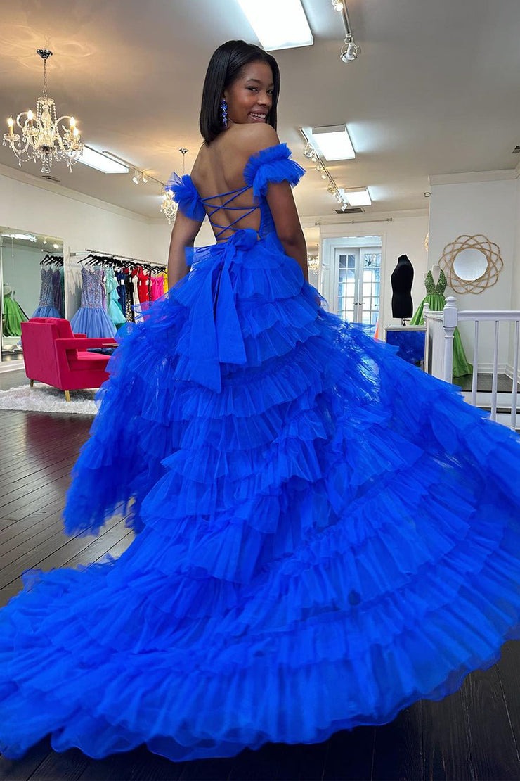 Off the Shoulder Royal Blue Tiered Tulle Long Prom Dress