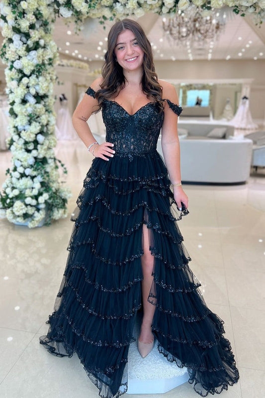 Sweetheart A Line Black Tulle Prom Dresses with Beading