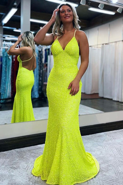 V Neck Mermaid Yellow Sequins Long Prom Dresses, PD25082
