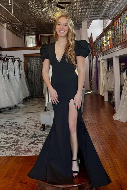 Black V Neck Mermaid Elastic Satin Prom Dress with Ruffled Sleeves, PD25759