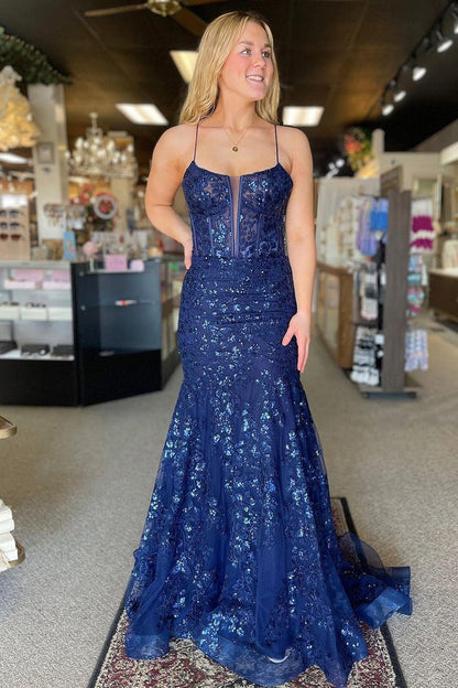 Navy Blue Sequins Appliques Mermaid Scoop Neck Long Prom Dress