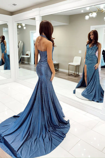 Navy Halter Mermaid Satin Beads Long Prom Dress with Slit, PD25818