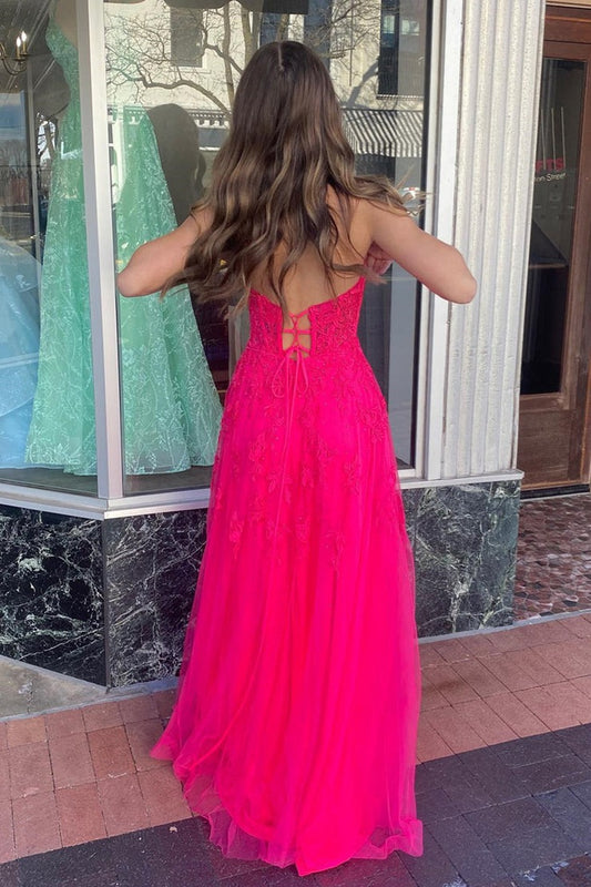 Hot Pink Strapless A-line Floral Appliques Long Prom Dress with Slit, PD25708