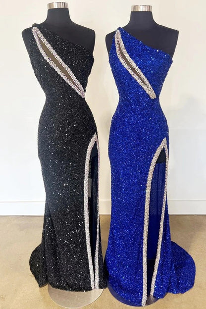 Black One Shoulder Mermaid Sequin Rhinestone Long Prom Dress, PD25730