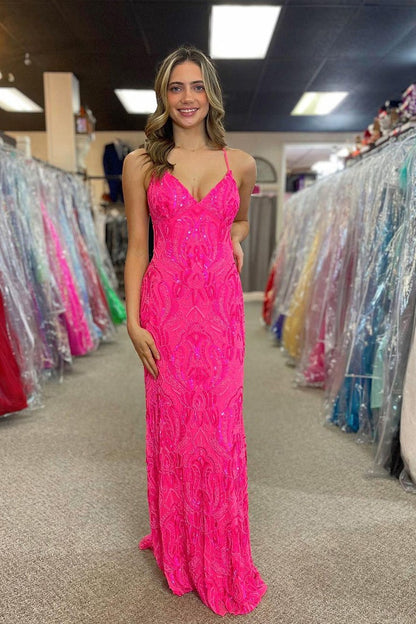 Fuchsia Sequins Mermaid V Neck Lace Long Prom Dress