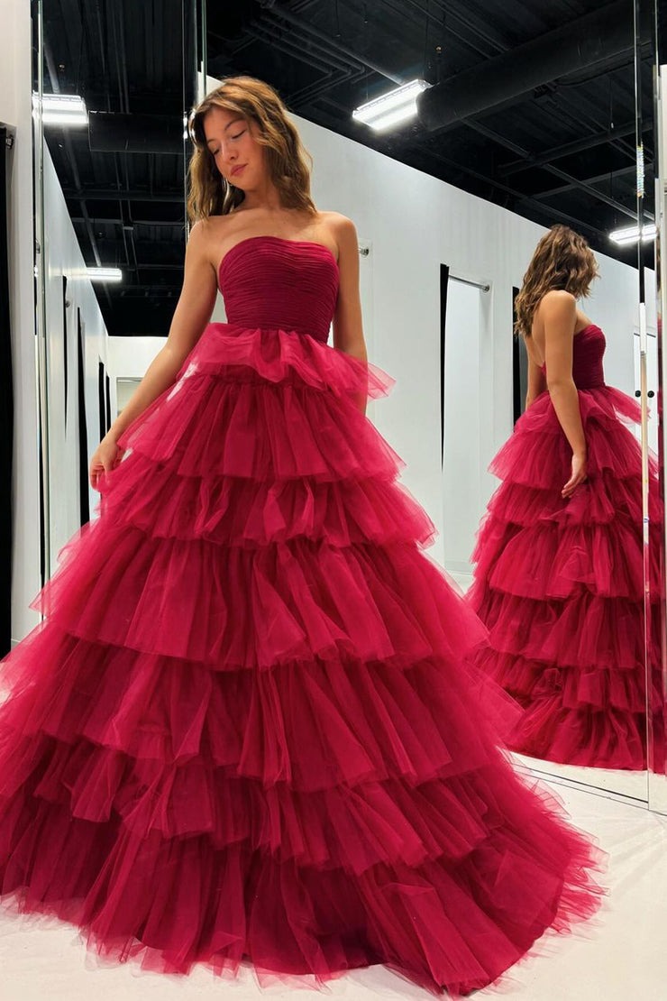 A-Line Strapless Dark Red Tulle Long Prom Dresses, PD25620