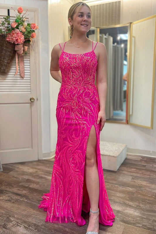 Fuchsia Sequins Lace Mermaid Scoop Neck Long Prom Dress